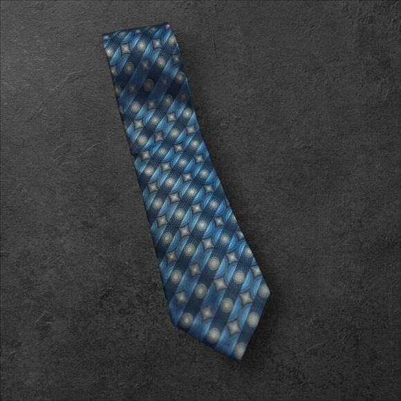 Geoffrey Beene Men's Blue + White Geometric 100% Silk Professional Tie - Picture 1 of 3